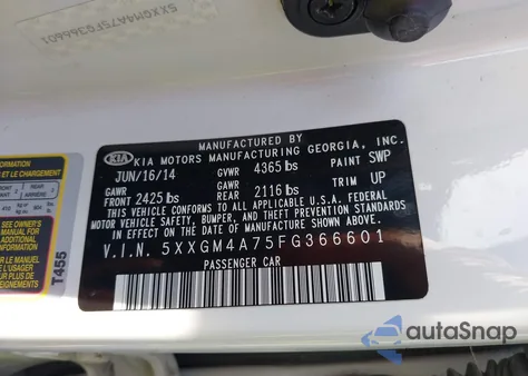 2015 Kia Optima Lx из США, поврежденный, VIN 5XXGM4A75FG366601